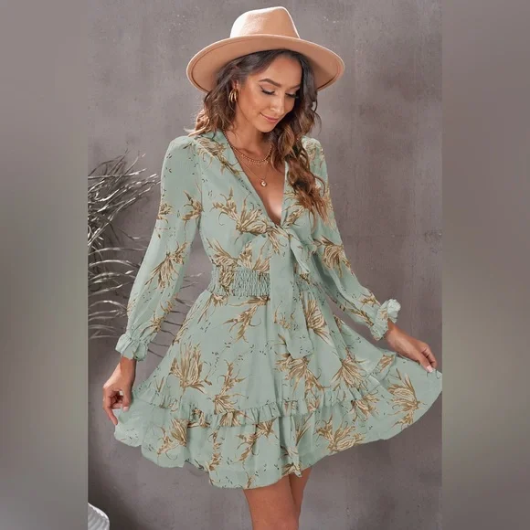 Floral Deep V Flounce Sleeve Mini Dress - Picture 10 of 11